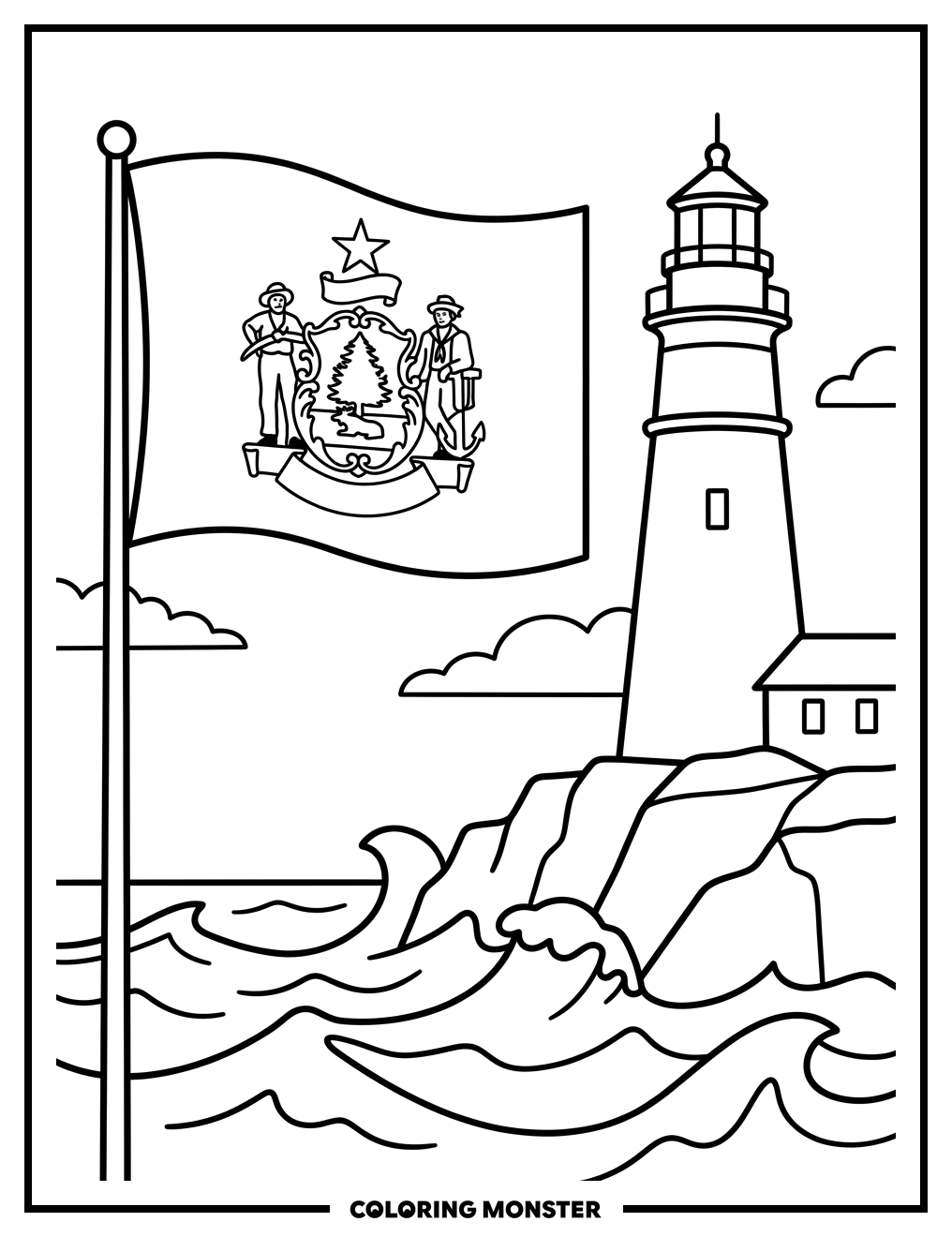 Maine Flag and Lighthouse Coloring Page