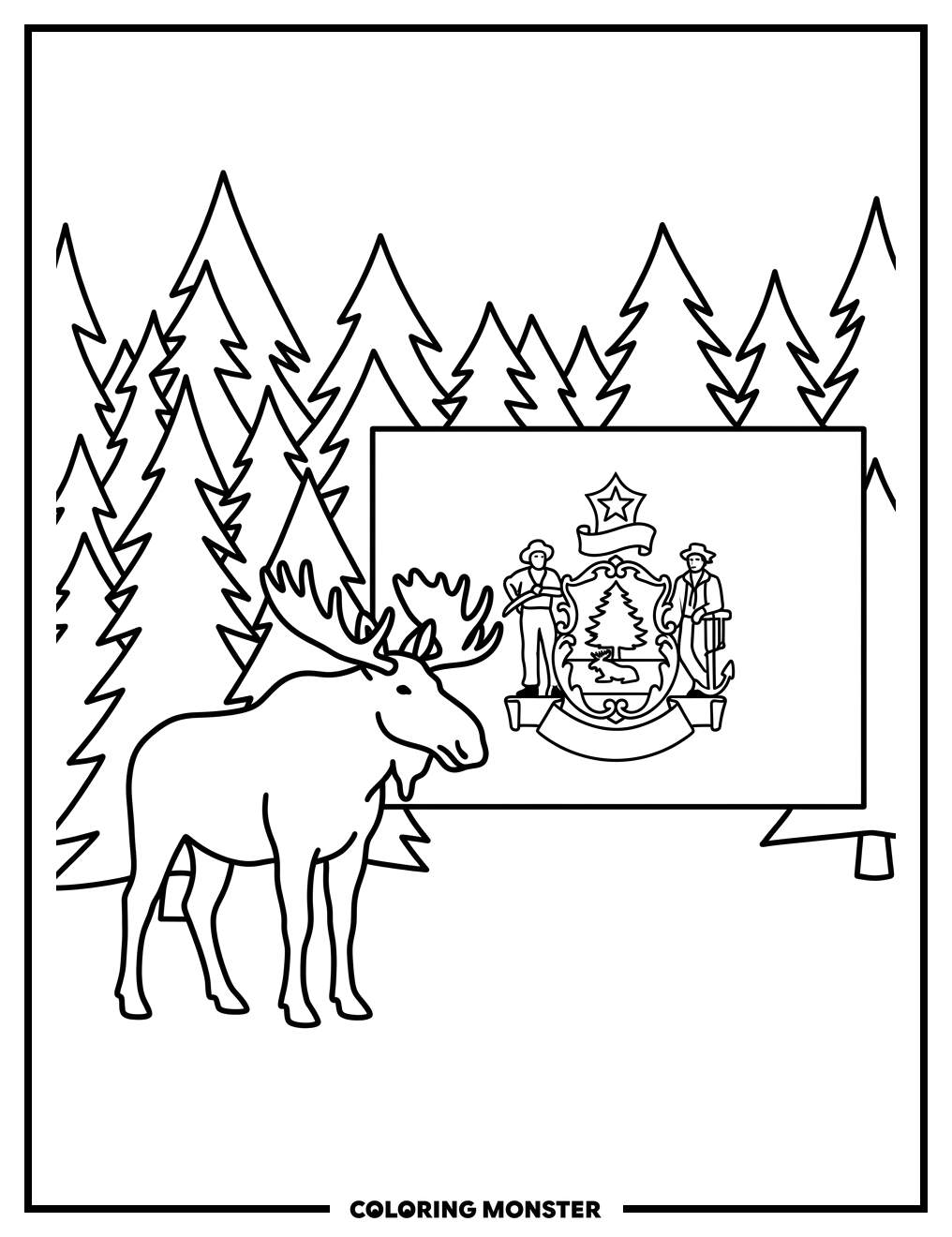 Maine Flag With Moose and Pine Trees Coloring Page
