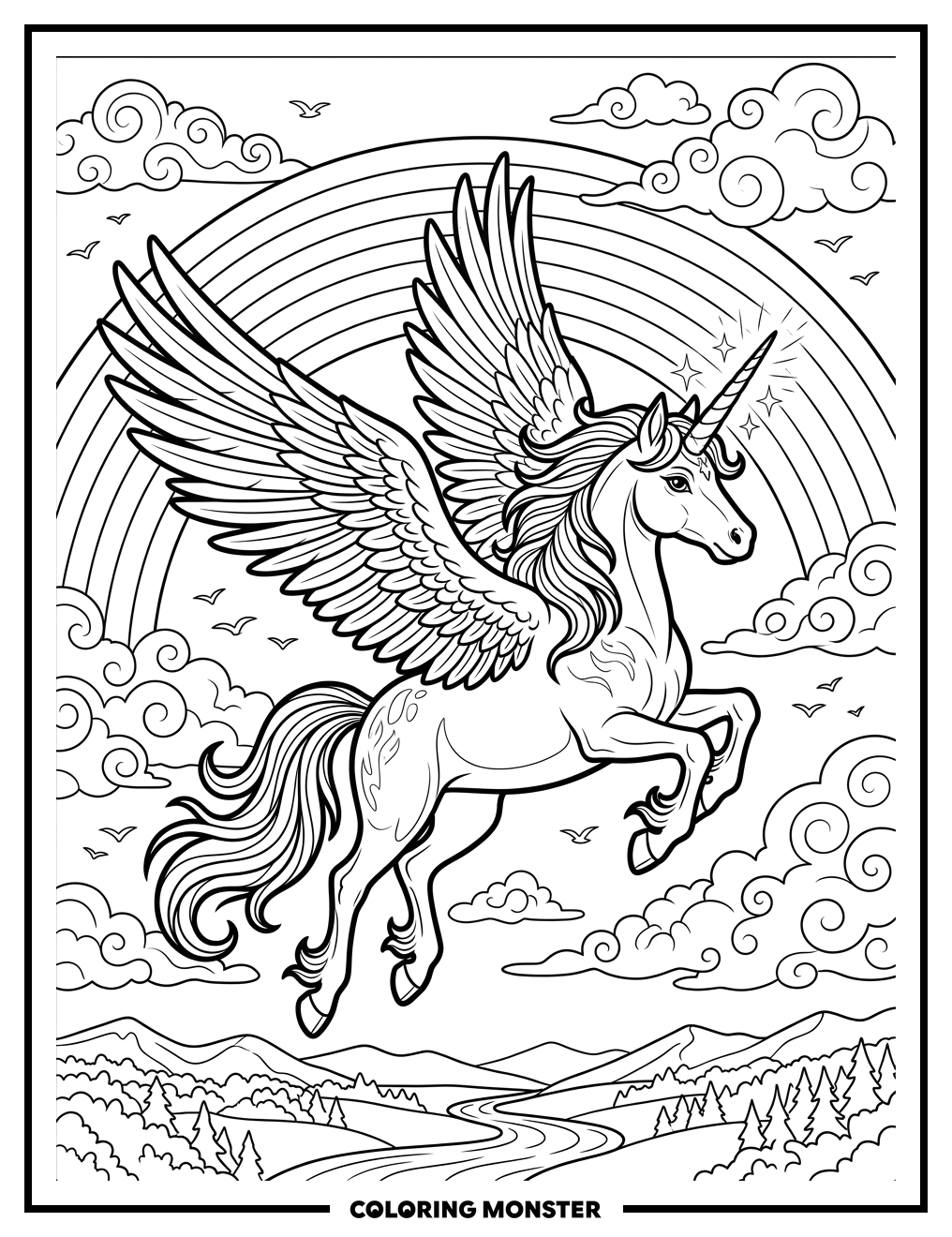 Majestic Alicorn Soaring Through Rainbow Sky Coloring Page