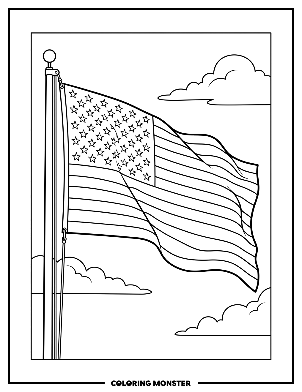 Majestic American Flag Waving Coloring Page