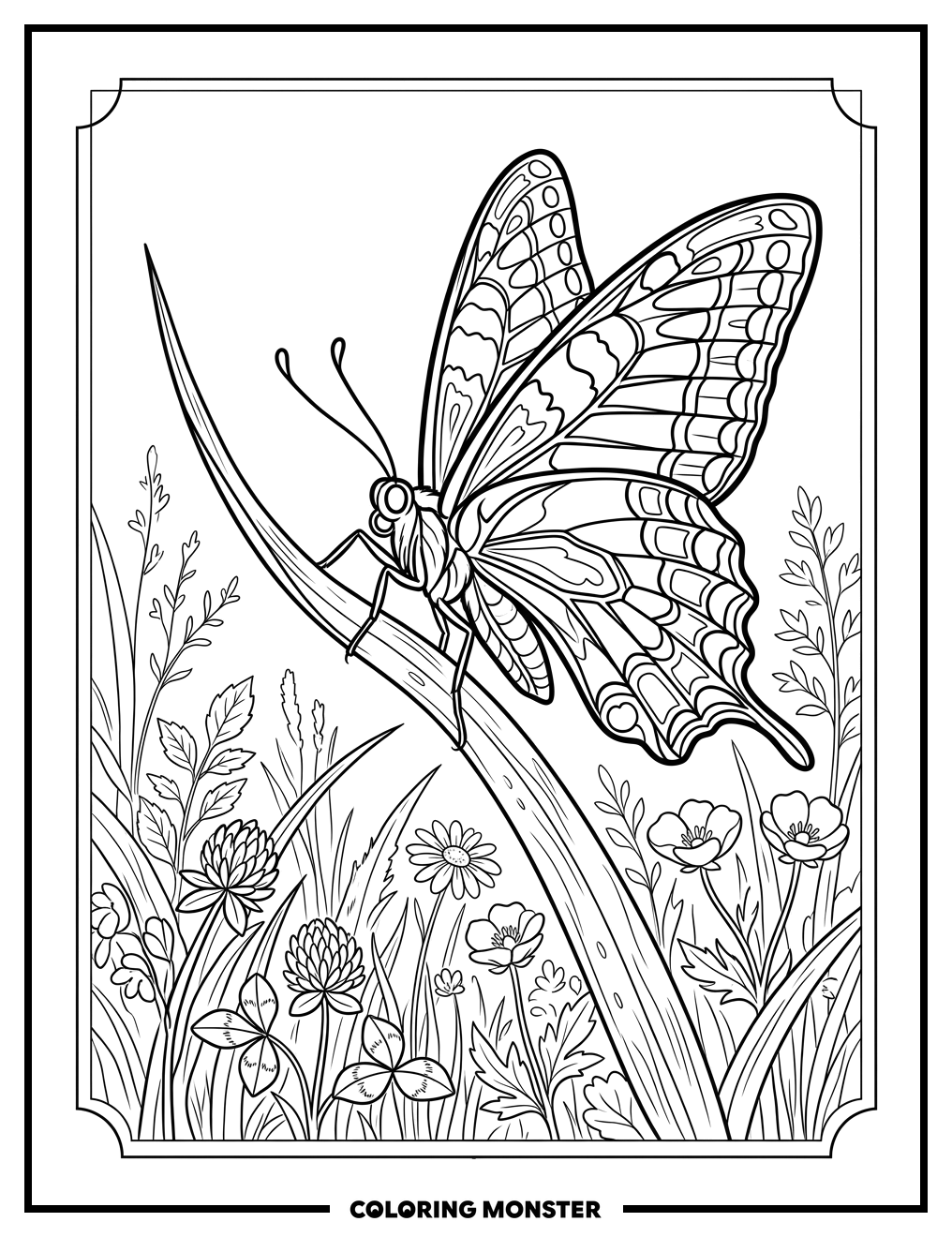 Majestic Butterfly on Grass Coloring Page