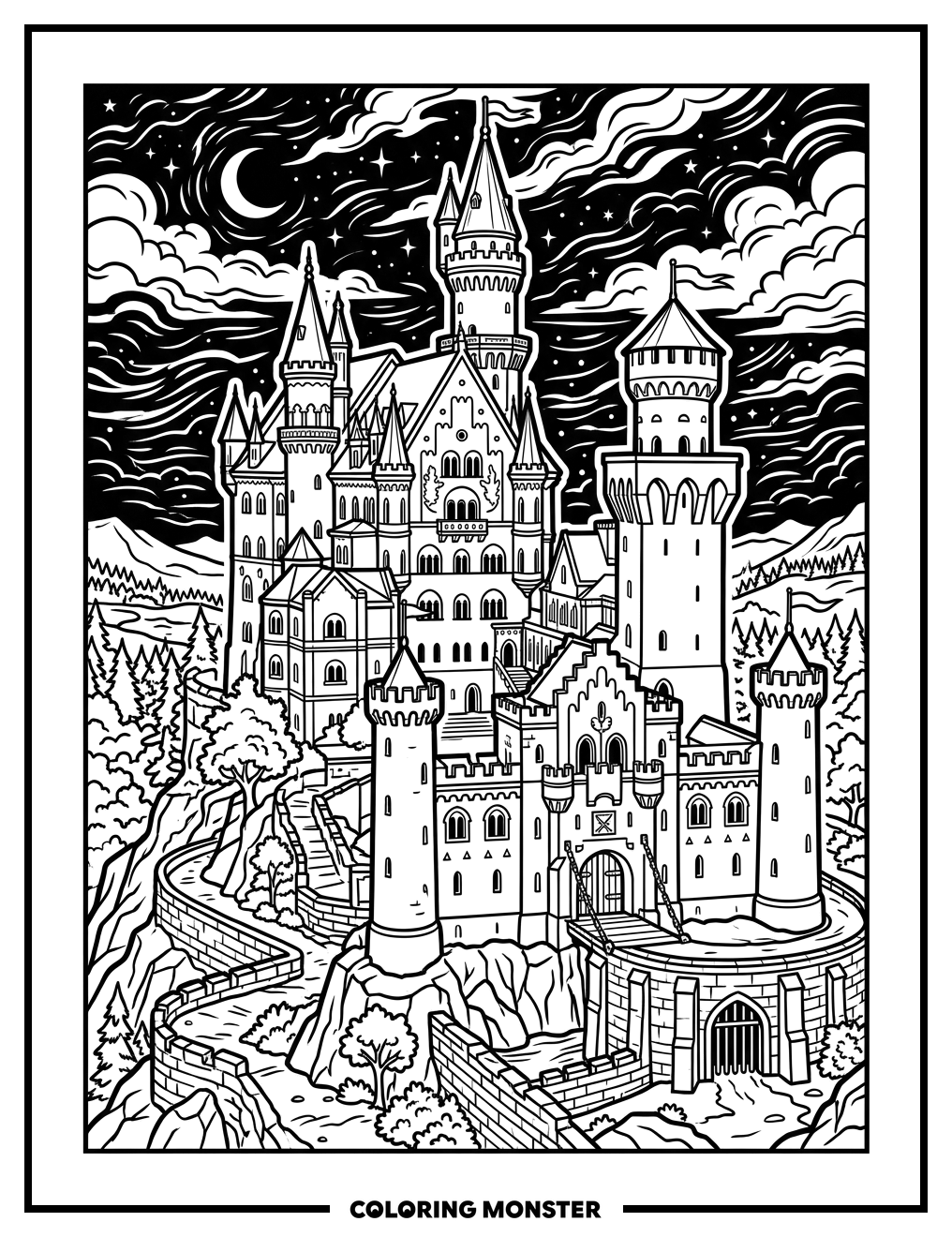 Majestic Castle Silhouette Coloring Page