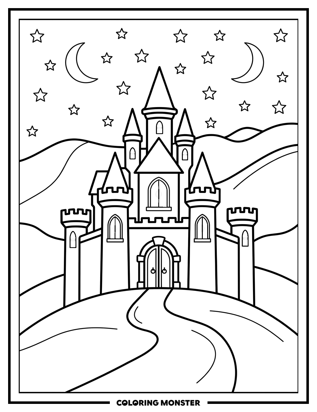 Majestic Castle Under Starry Sky Coloring Page