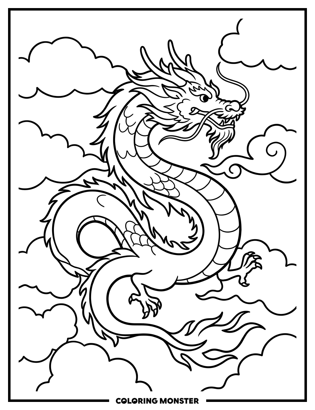 Majestic Chinese Dragon Flying Coloring Page