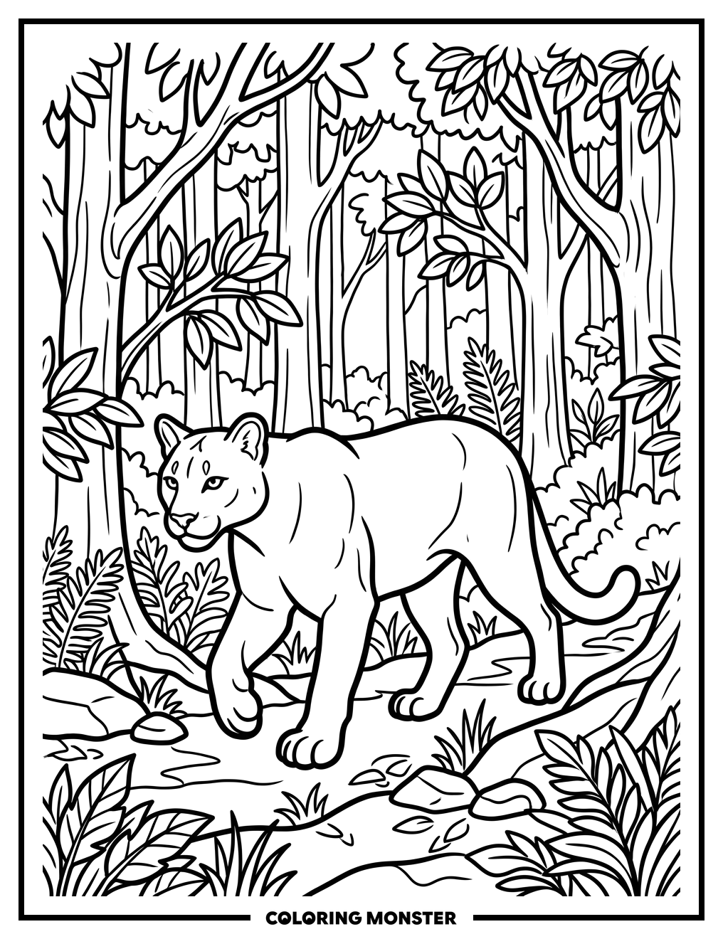 Majestic Cougar in Forest Coloring Page
