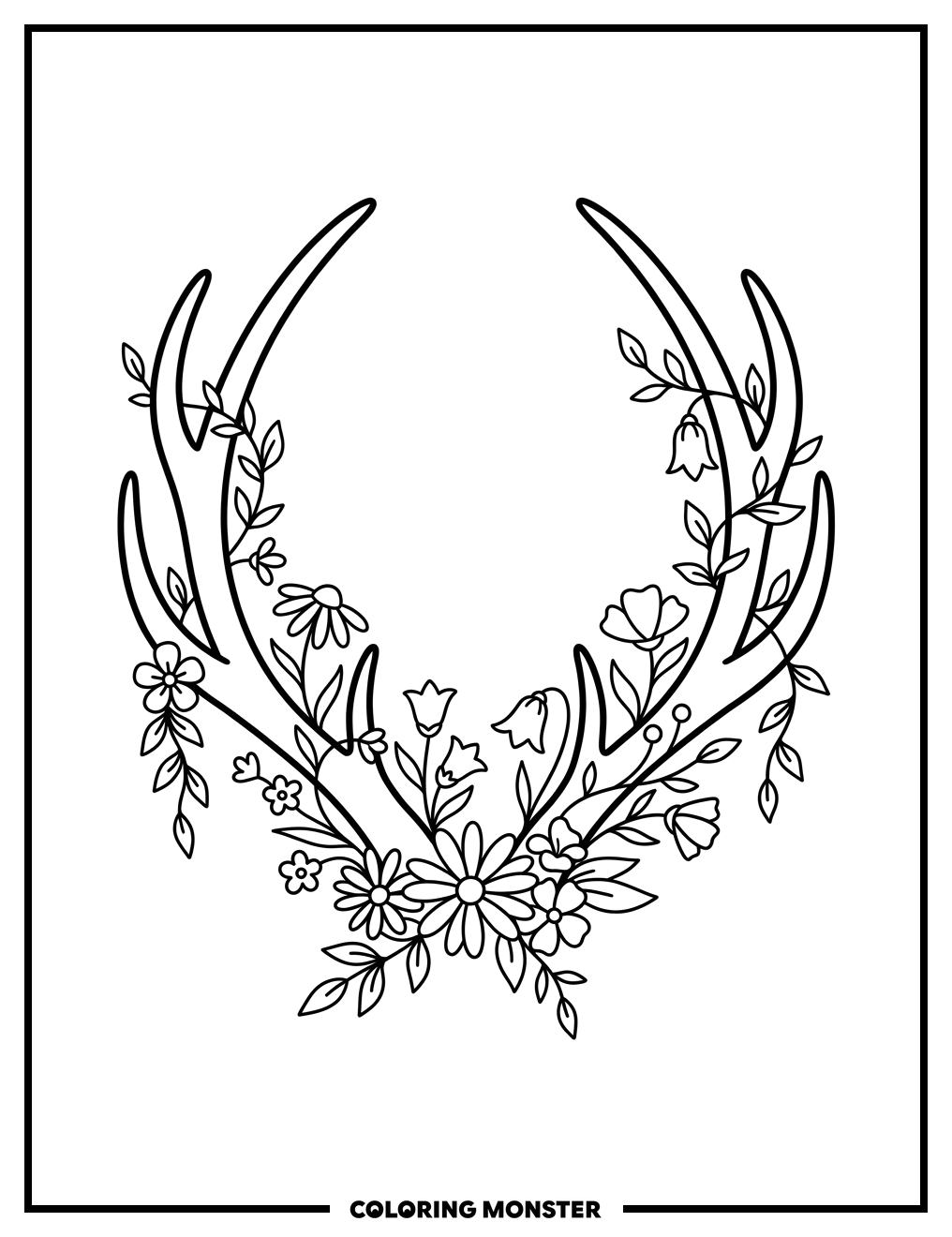 Majestic Deer Antlers with Wildflowers Coloring Page