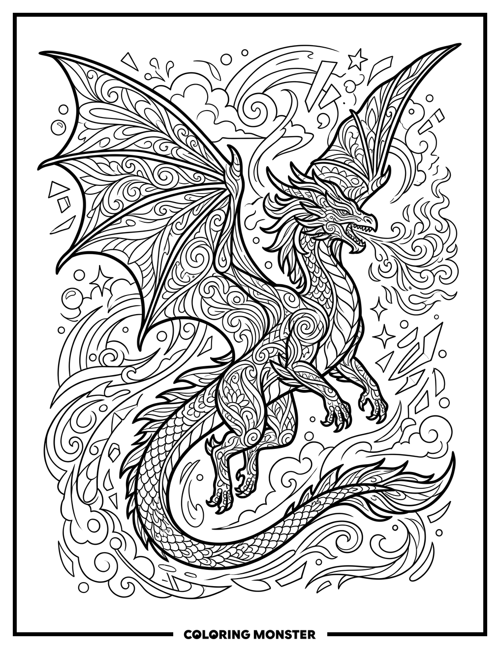 Majestic Dragon In Flight Coloring Page