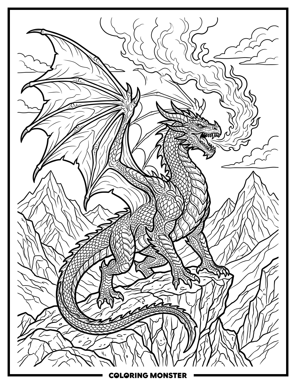 Majestic Dragon on Rocky Outcrop Coloring Page