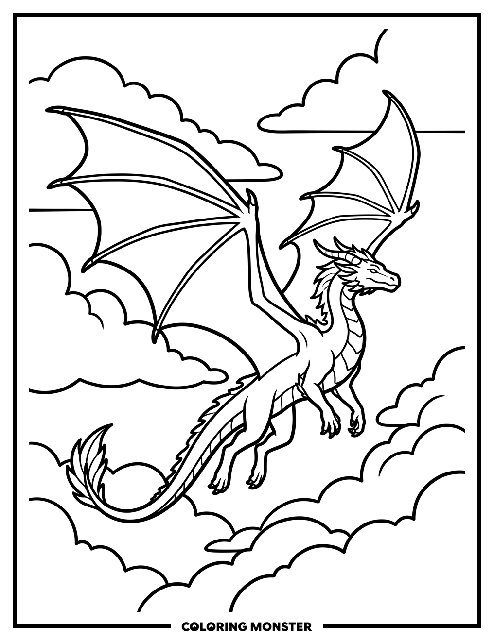 Majestic Dragon Soaring Through Clouds Coloring Page
