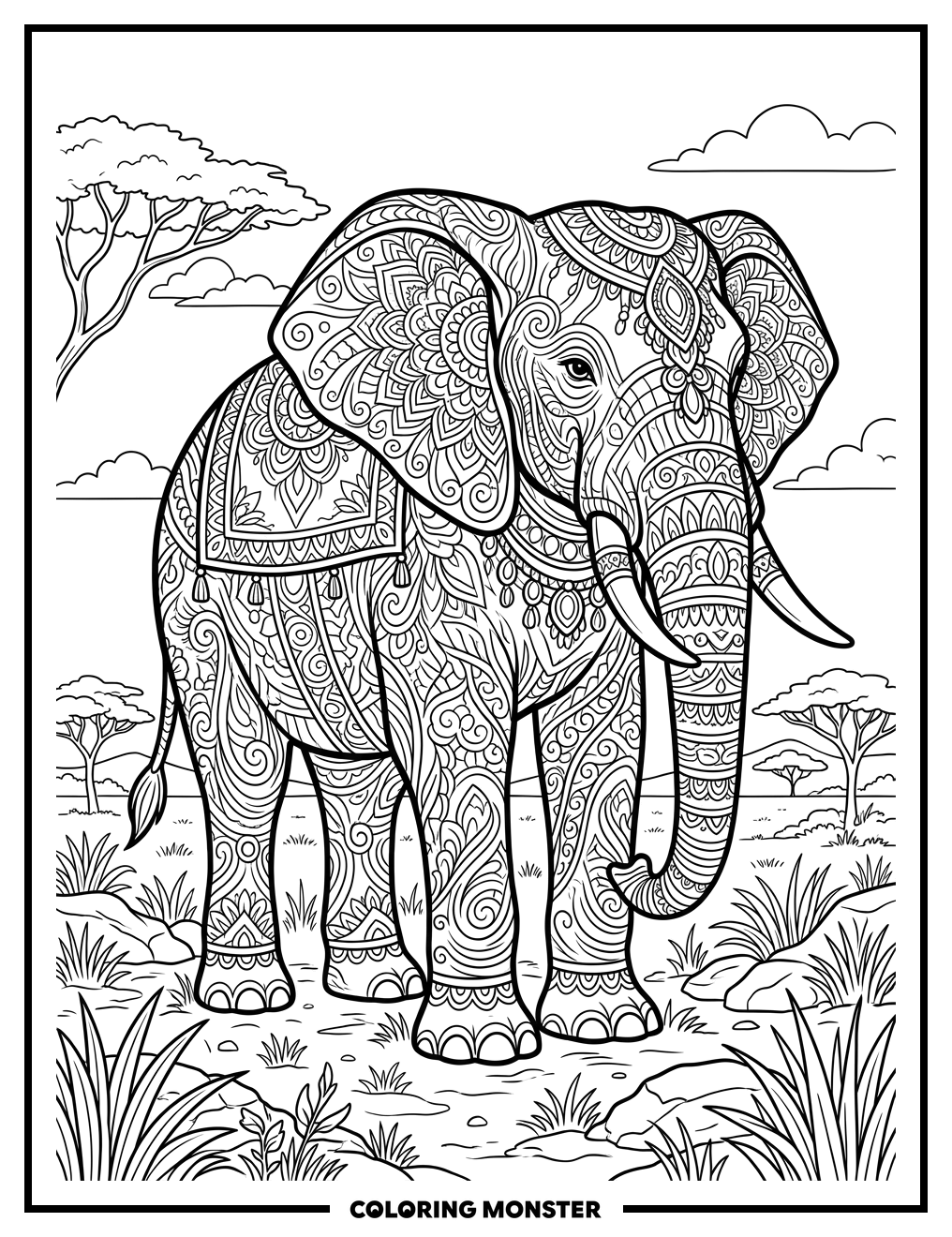 Majestic Elephant in Natural Setting Coloring Page