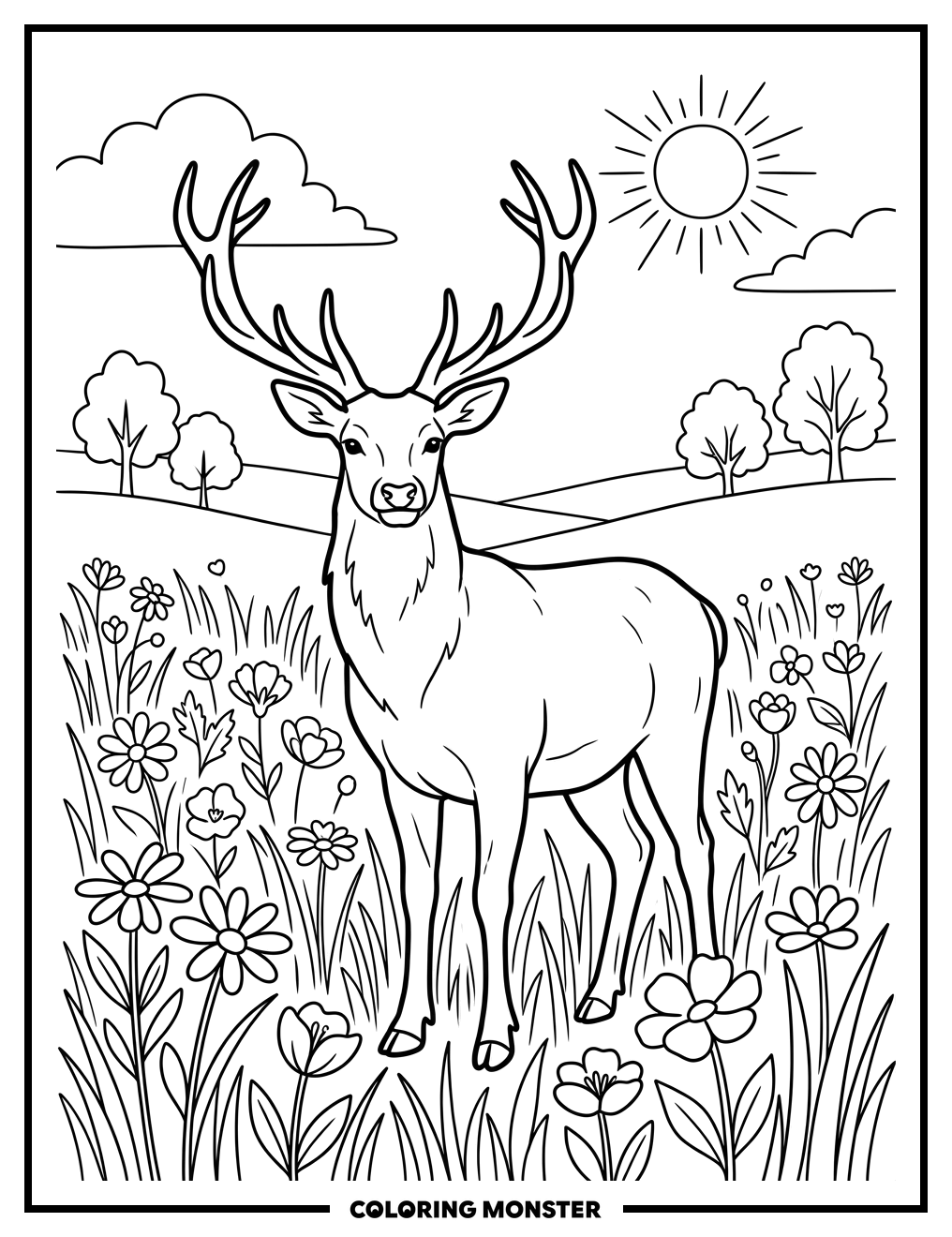 Majestic Hart in Wildflower Meadow Coloring Page