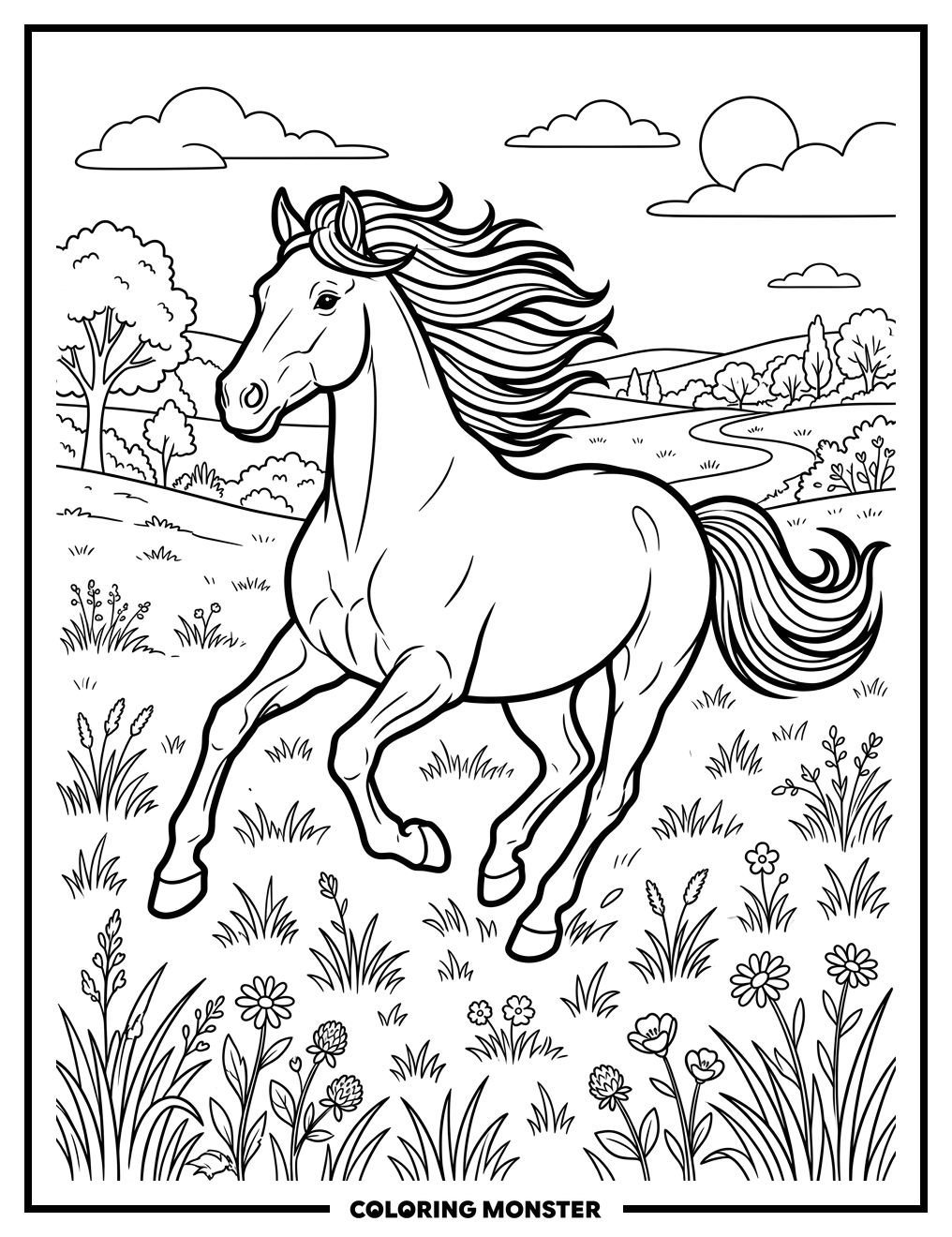 Majestic Horse Galloping Through Meadow Coloring Page