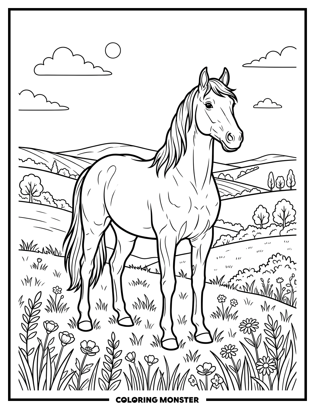 Majestic Horse in Grassy Meadow Coloring Page