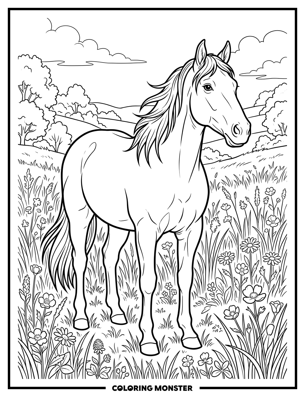 Majestic Horse in Sunlit Meadow Coloring Page