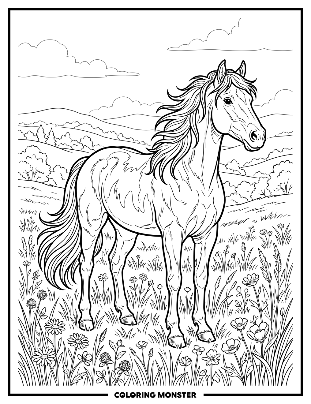 Majestic Horse in Sunny Meadow Coloring Page