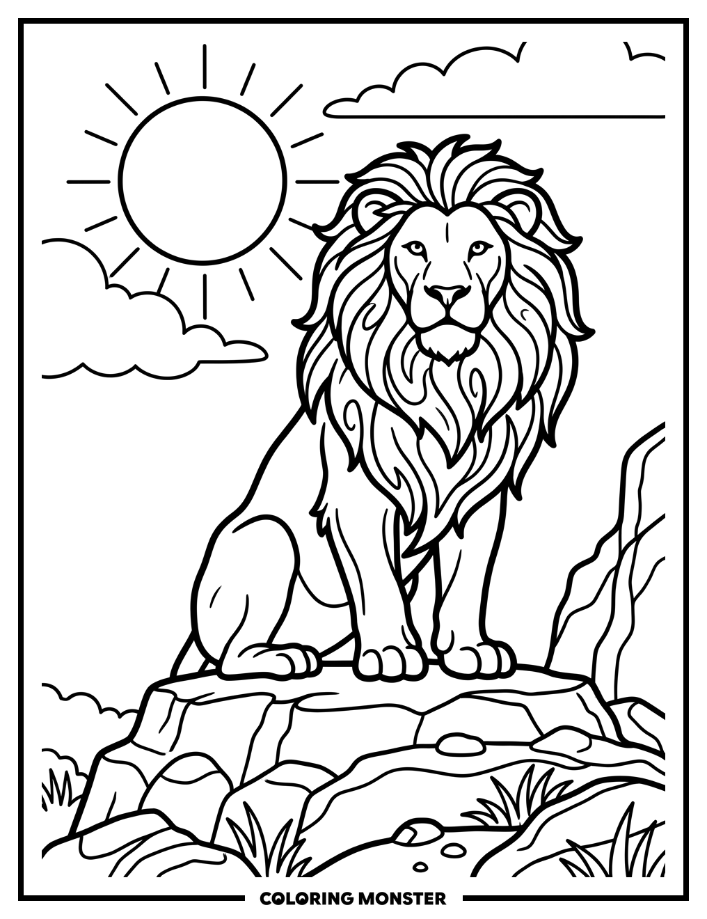 Majestic Lion on Rocky Outcrop Coloring Page