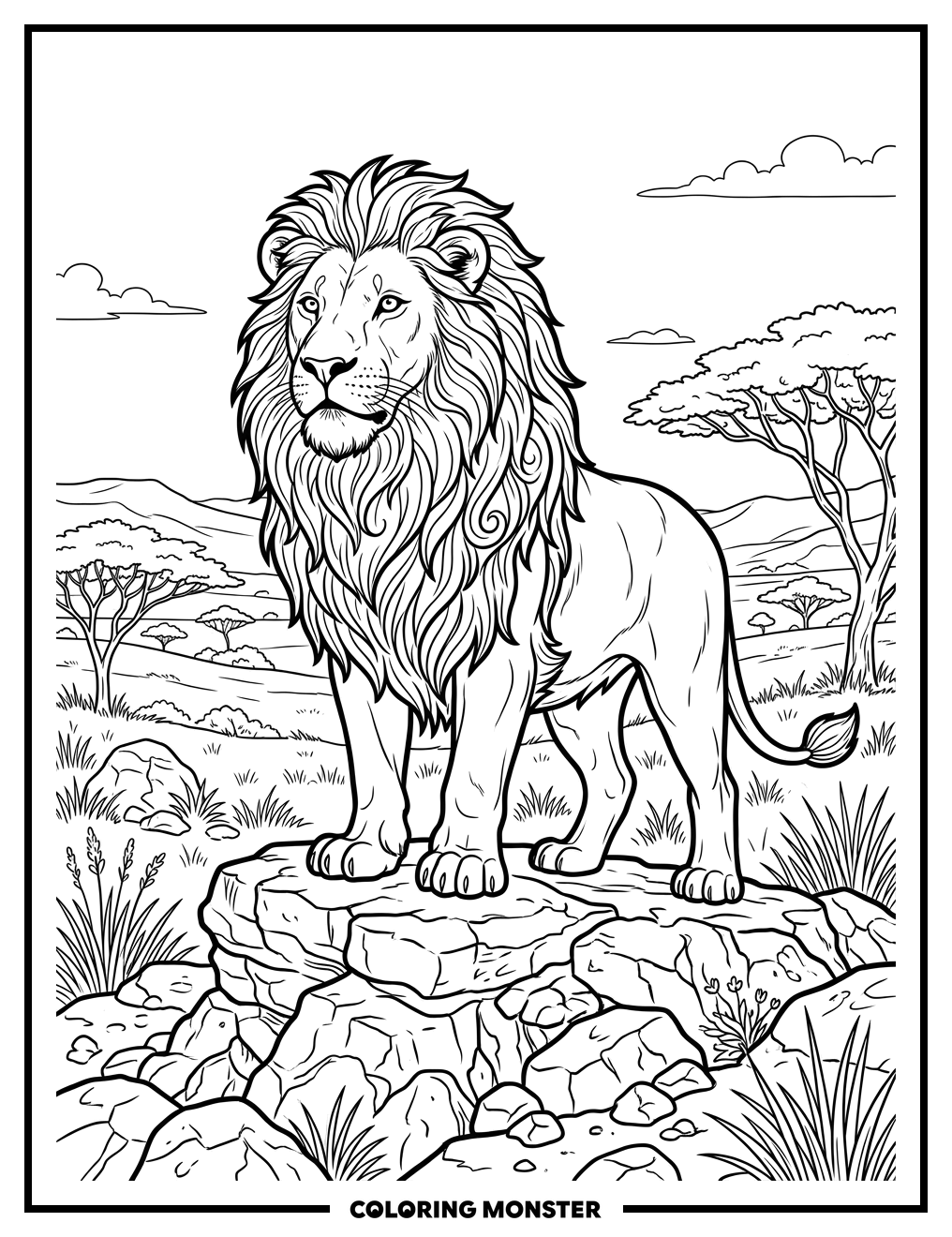 Majestic Lion on Rocky Outcrop Coloring Page