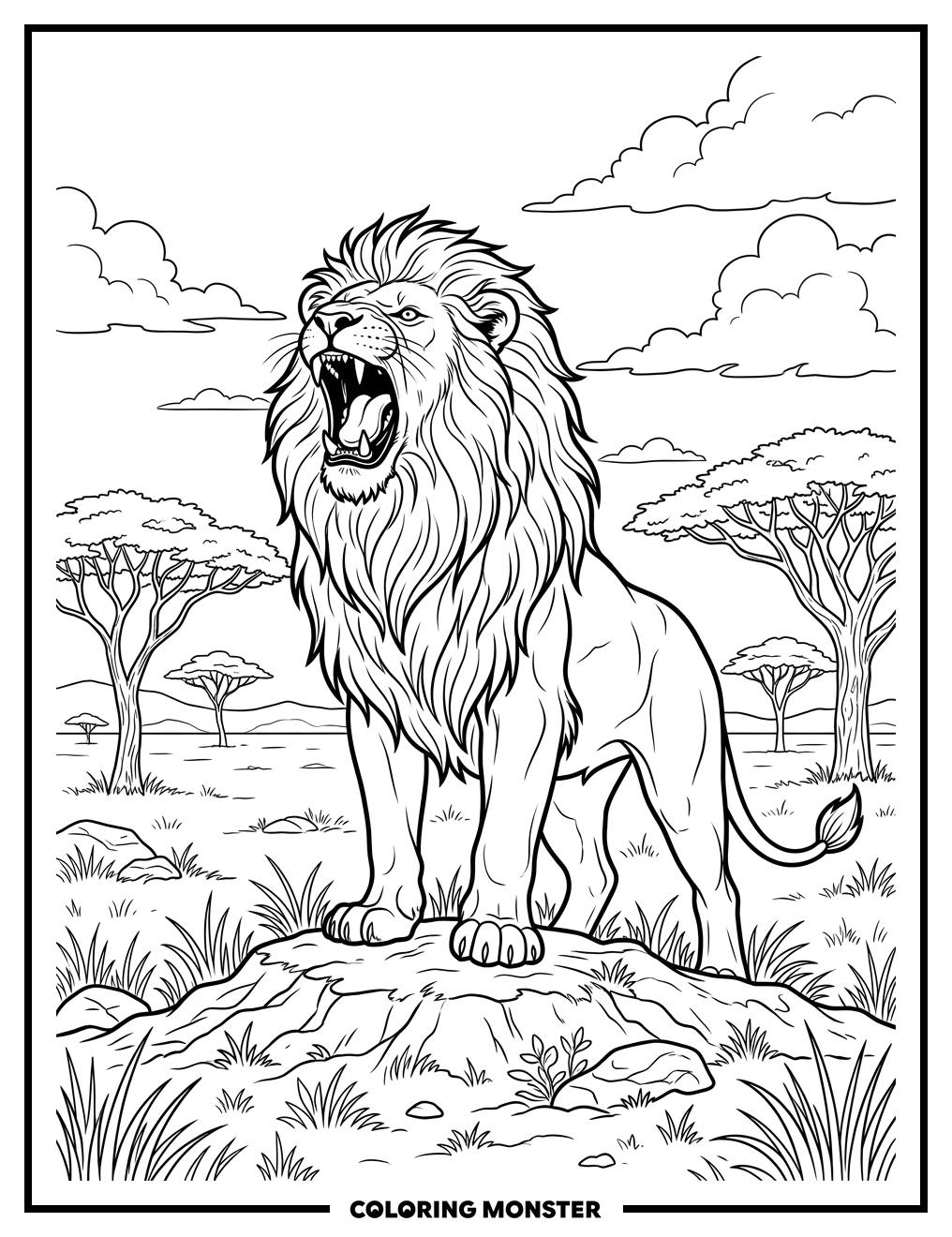 Majestic Lion Roaring on Grassy Plain Coloring Page