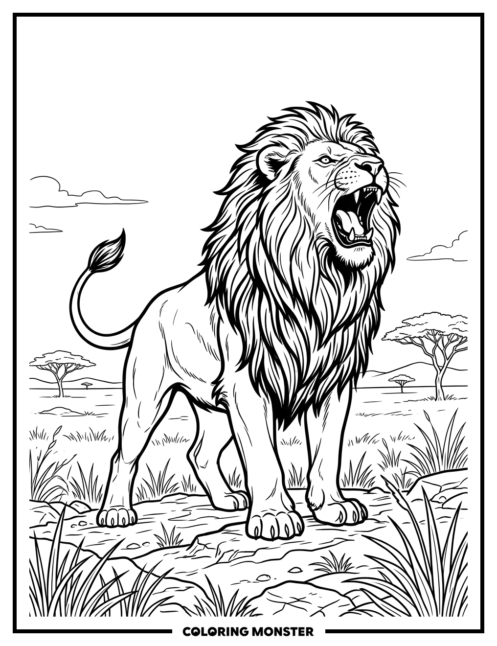 Majestic Lion Roaring on the Savanna Coloring Page
