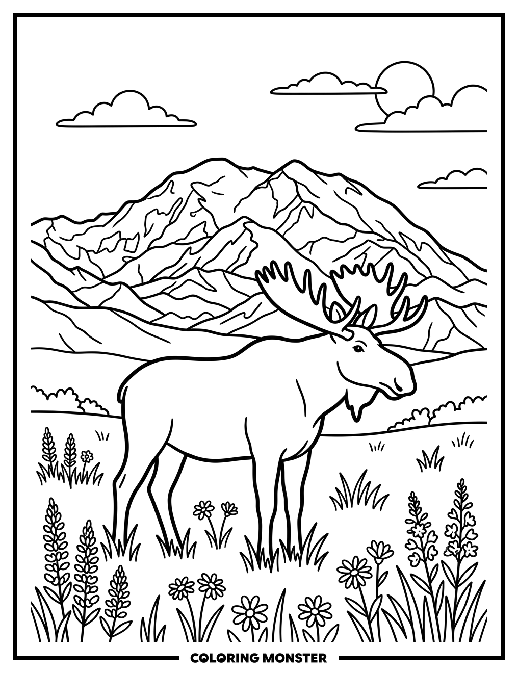 Majestic Moose in a Wildflower Meadow Coloring Page