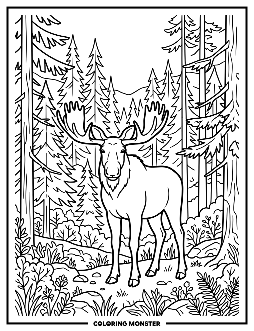 Majestic Moose in Taiga Forest Coloring Page