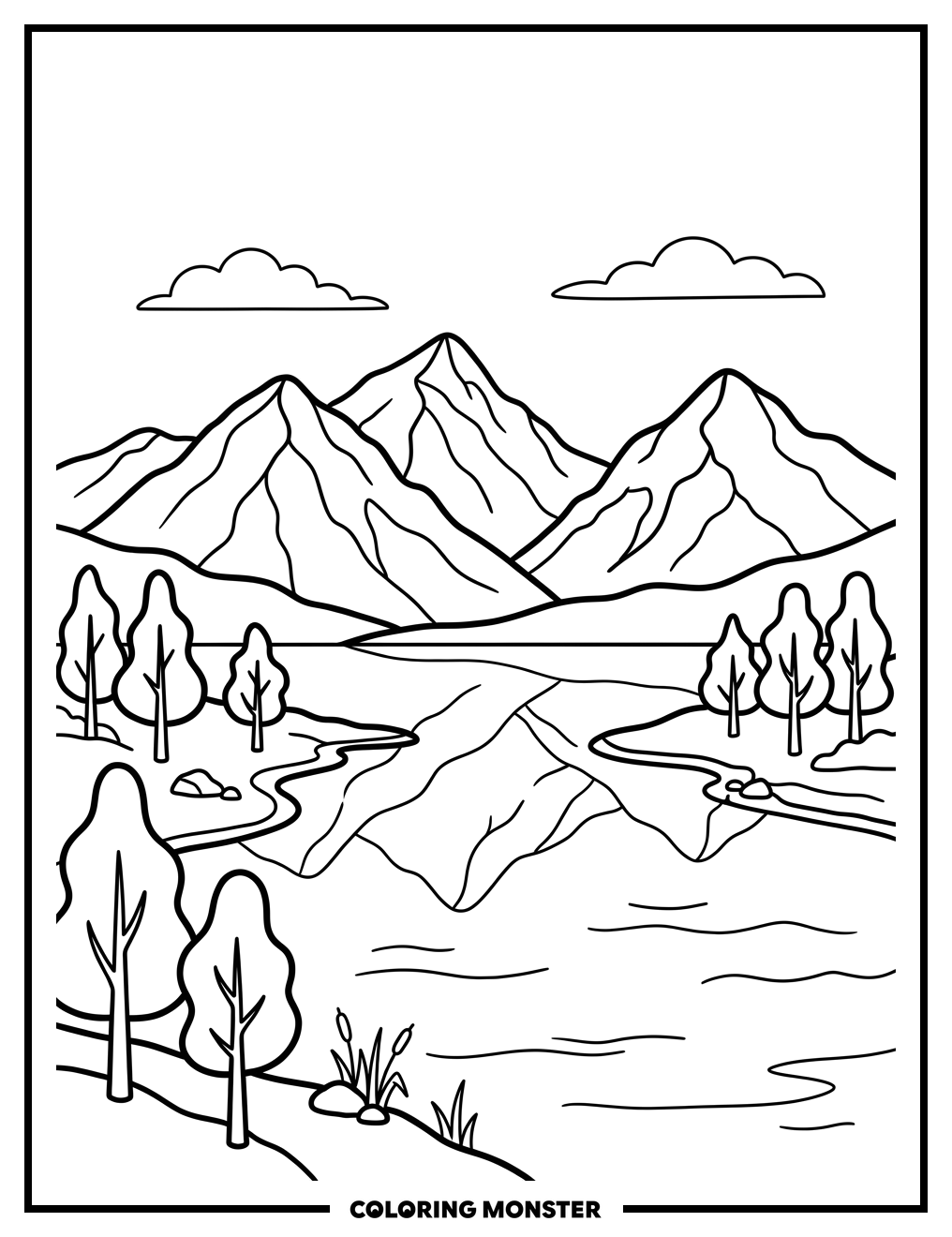 Majestic Mountain Lake Reflection Coloring Page