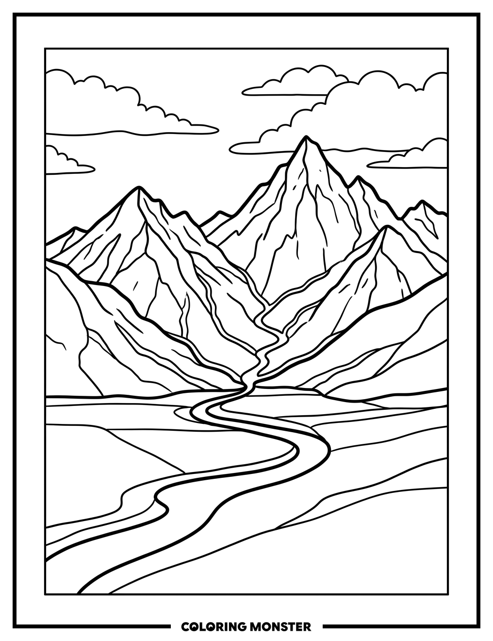Majestic Mountains and Flowing Rivers Coloring Page