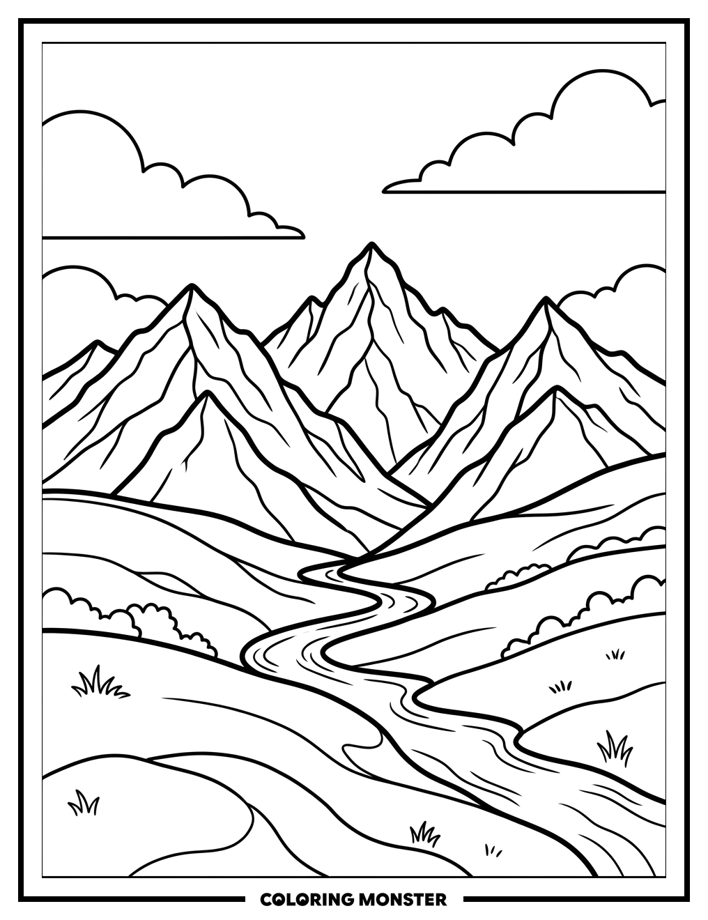 Majestic Mountains and Winding River Coloring Page