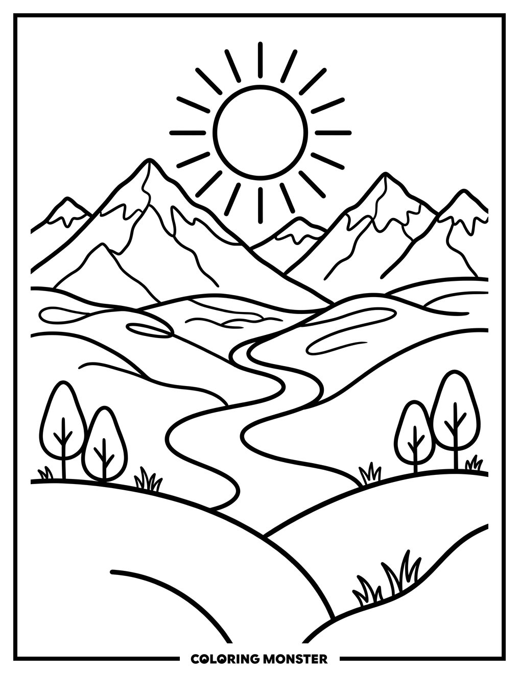 Majestic Mountains and Winding River Coloring Page