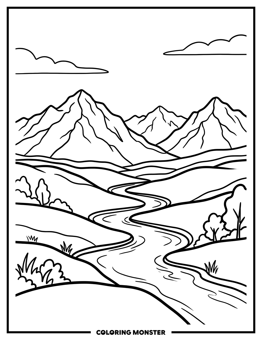Majestic Mountains and Winding River Coloring Page