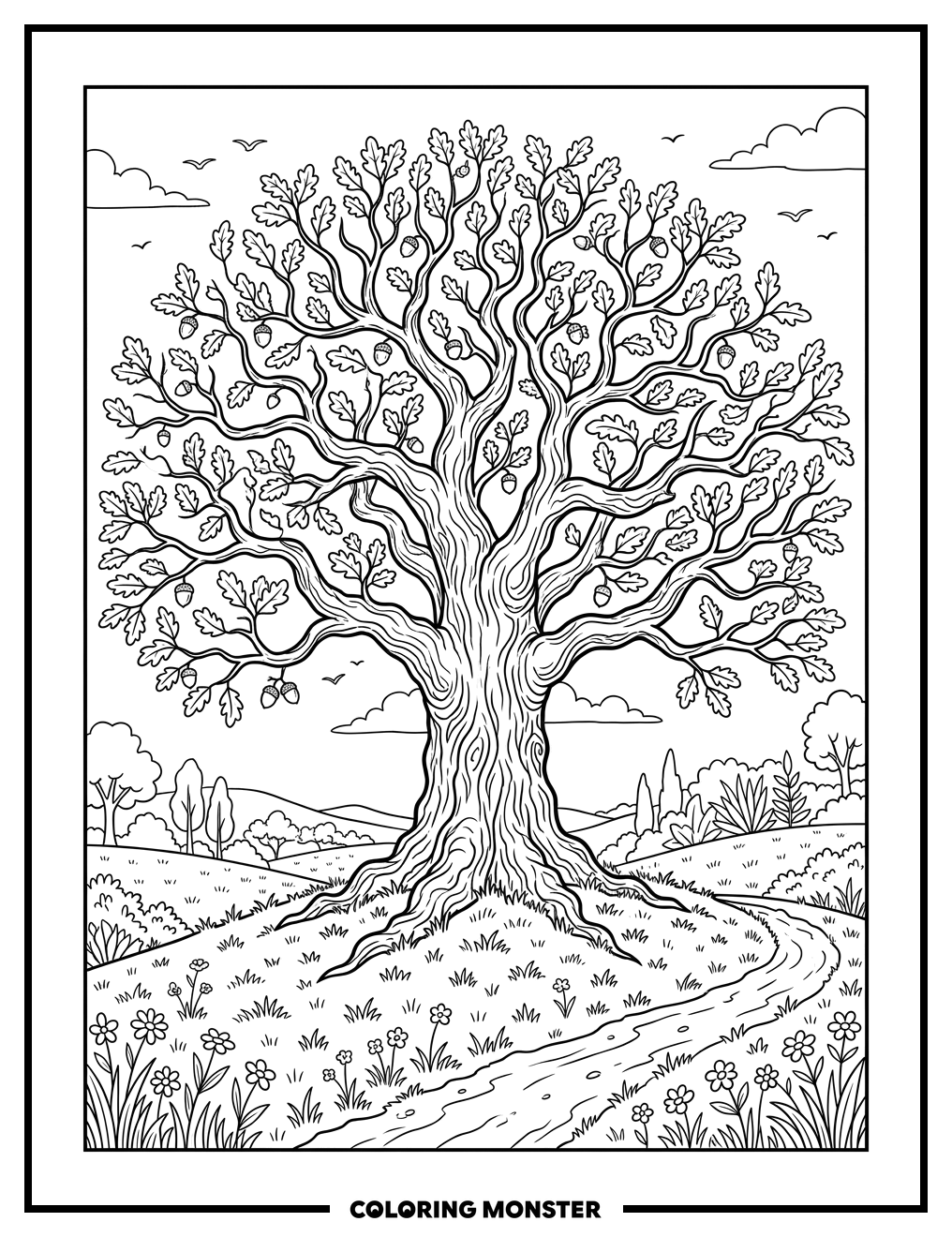 Majestic Oak Tree in Meadow Coloring Page