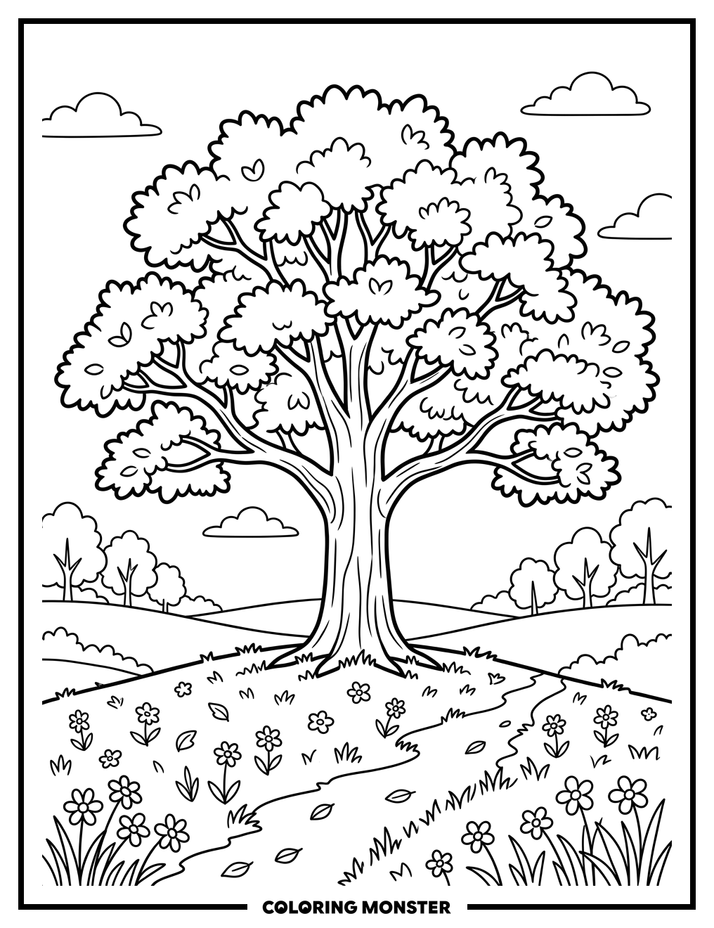 Majestic Oak Tree in Park Coloring Page