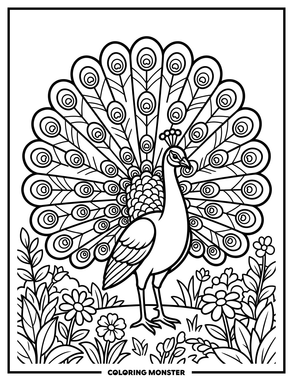 Majestic Peacock in a Garden Coloring Page