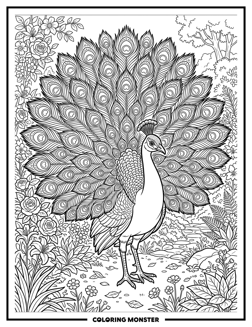Majestic Peacock in Garden Coloring Page