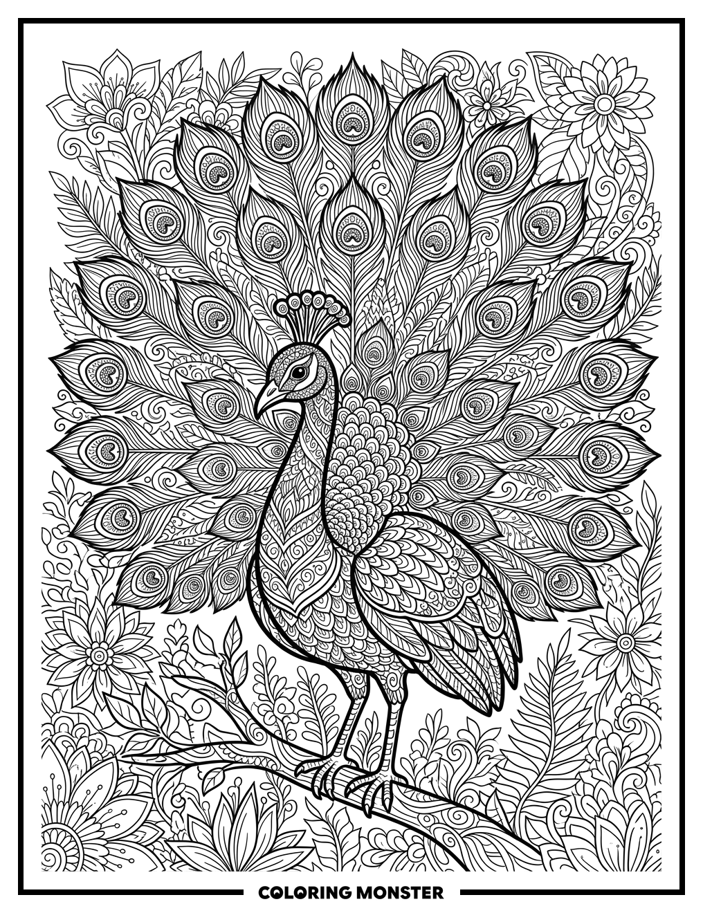 Majestic Peacock Zentangle Coloring Page