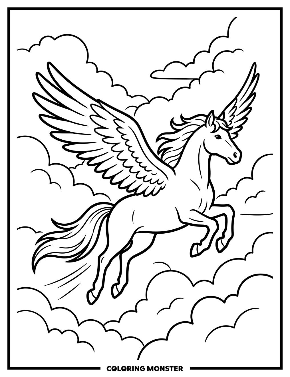 Majestic Pegasus Soaring Through Clouds Coloring Page