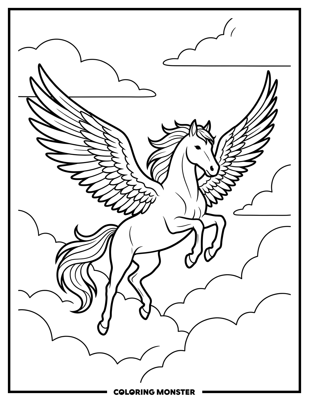 Majestic Pegasus Soaring Through Clouds Coloring Page