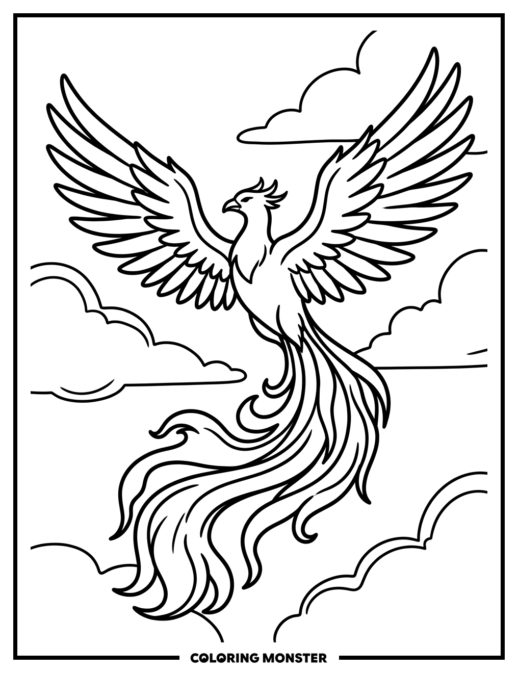 Majestic Phoenix Soaring Through Clouds Coloring Page