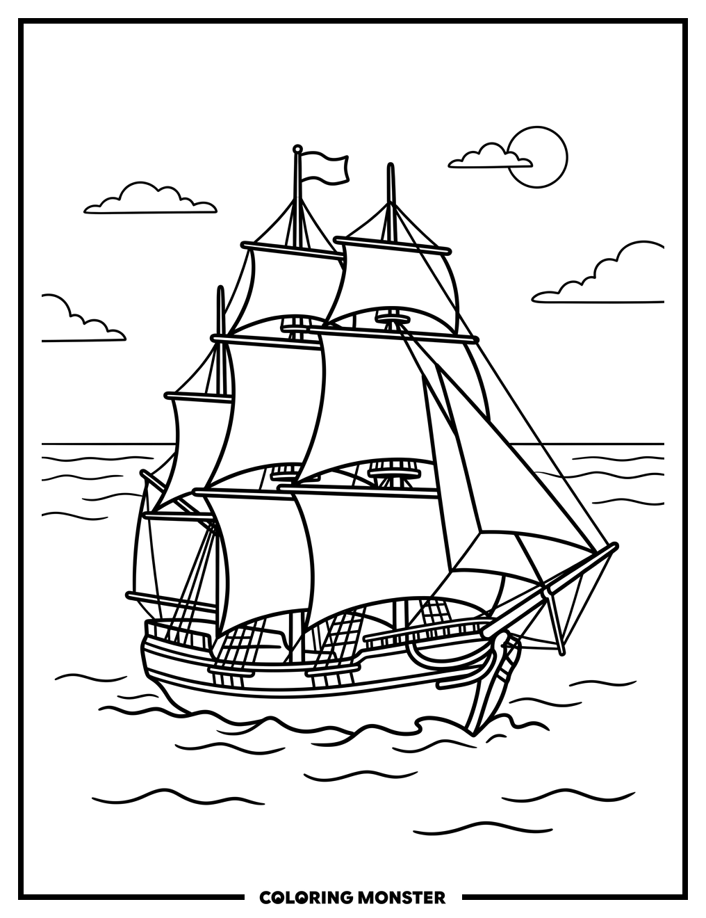 Majestic Sailing Ship on the Ocean Coloring Page