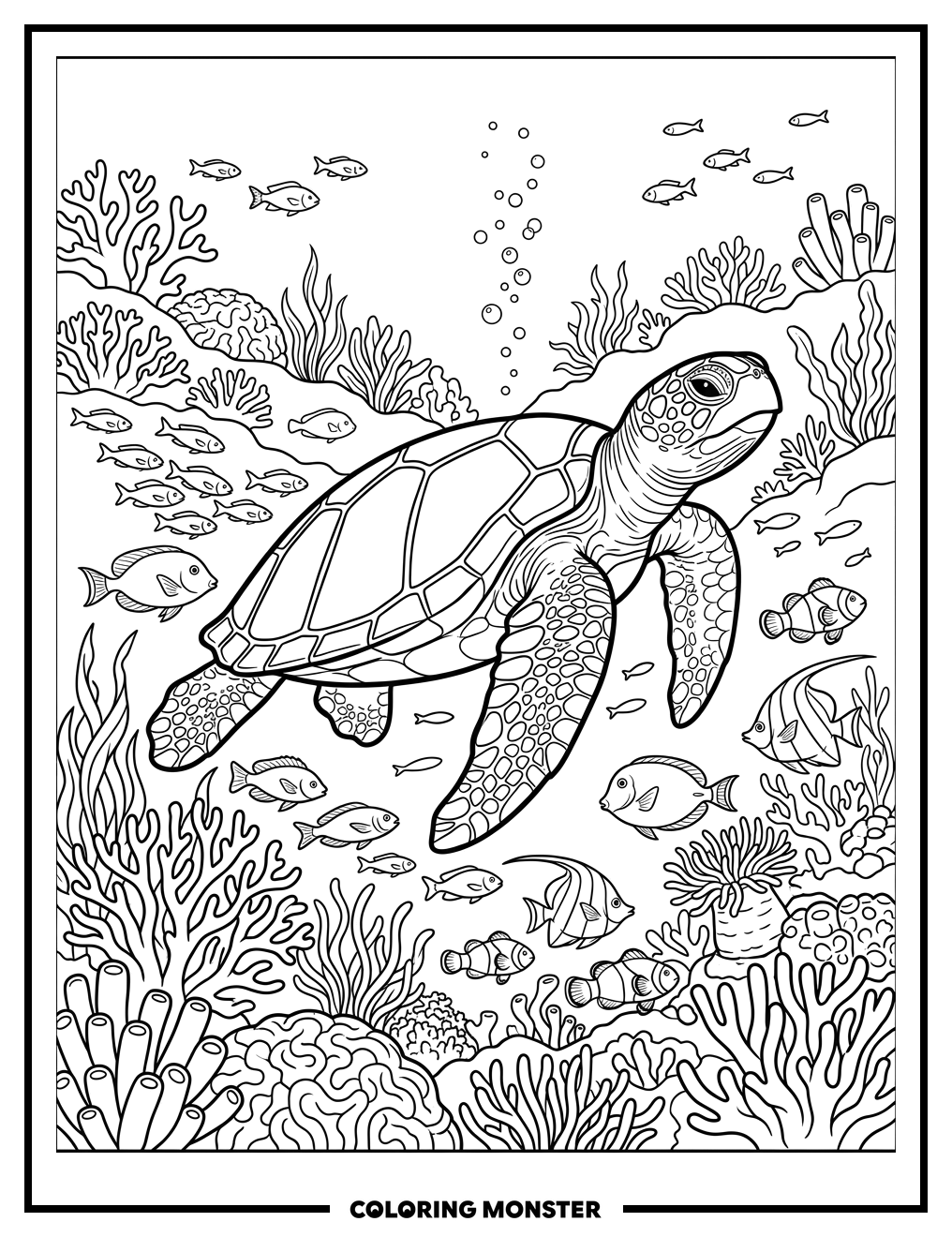 Majestic Sea Turtle Swimming With Fish Coloring Page