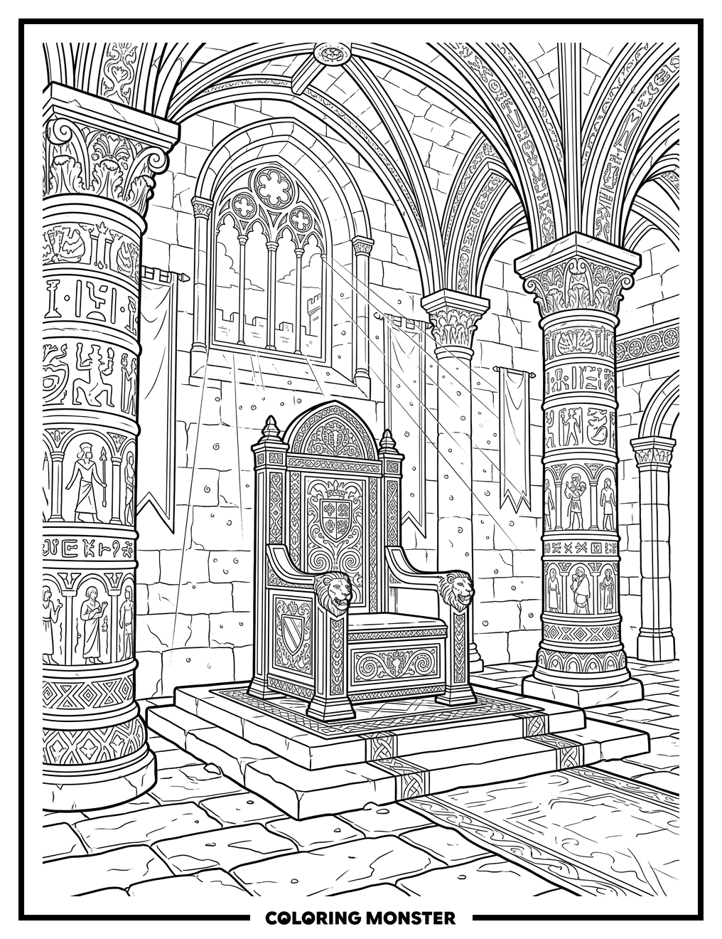 Majestic Throne in Ancient Chamber Coloring Page