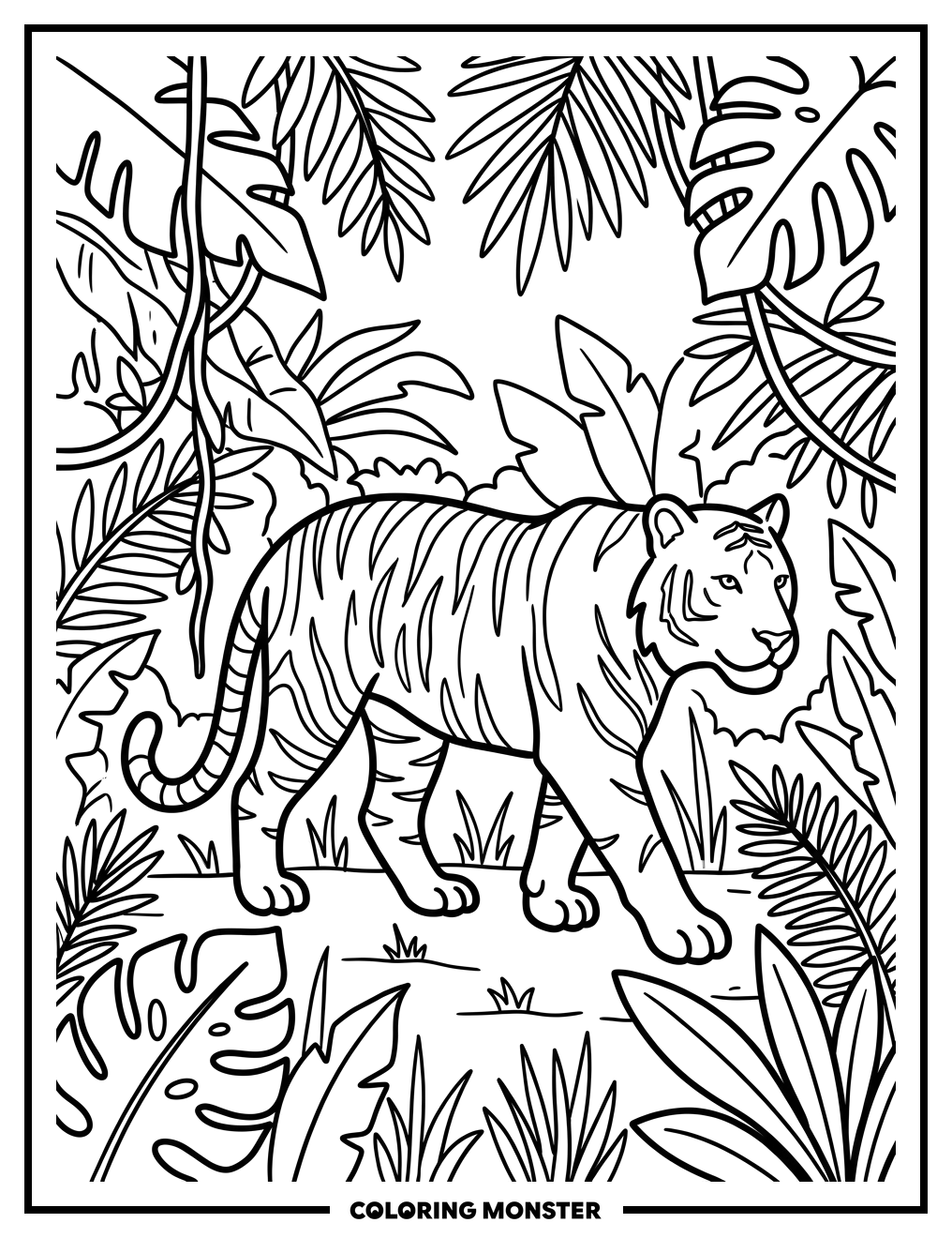 Majestic Tiger In A Lush Jungle Coloring Page