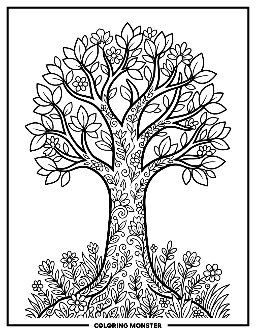 Majestic Tree With Floral Accents Coloring Page