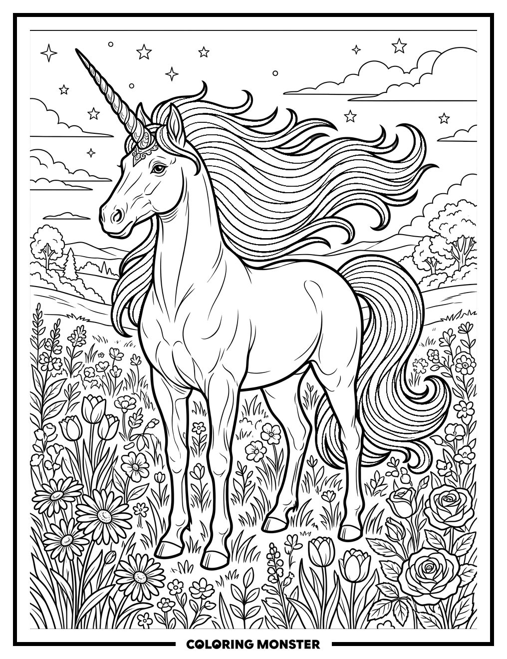 Majestic Unicorn in Rainbow Mane Coloring Page