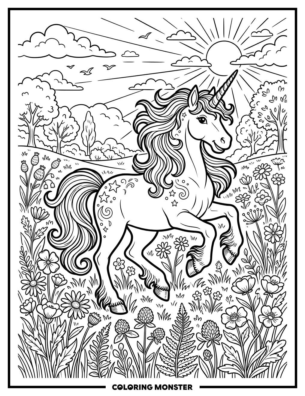 Majestic Unicorn in Sunlit Meadow Coloring Page
