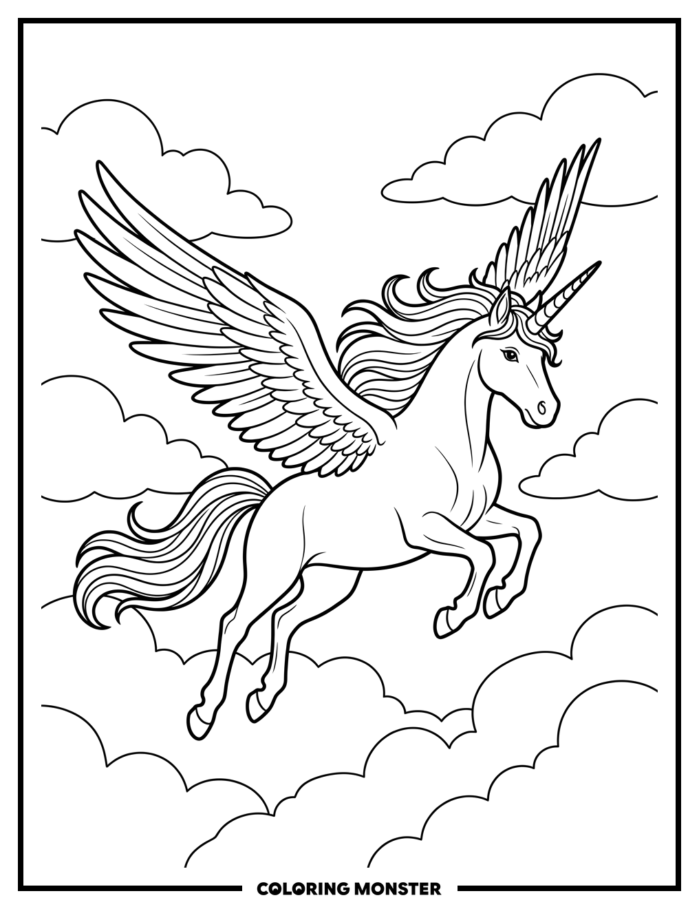 Majestic Unicorn Soaring Through Clouds Coloring Page