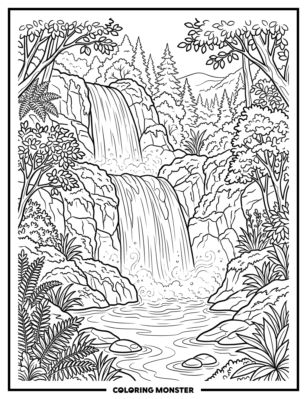 Majestic Waterfall in Lush Forest Coloring Page