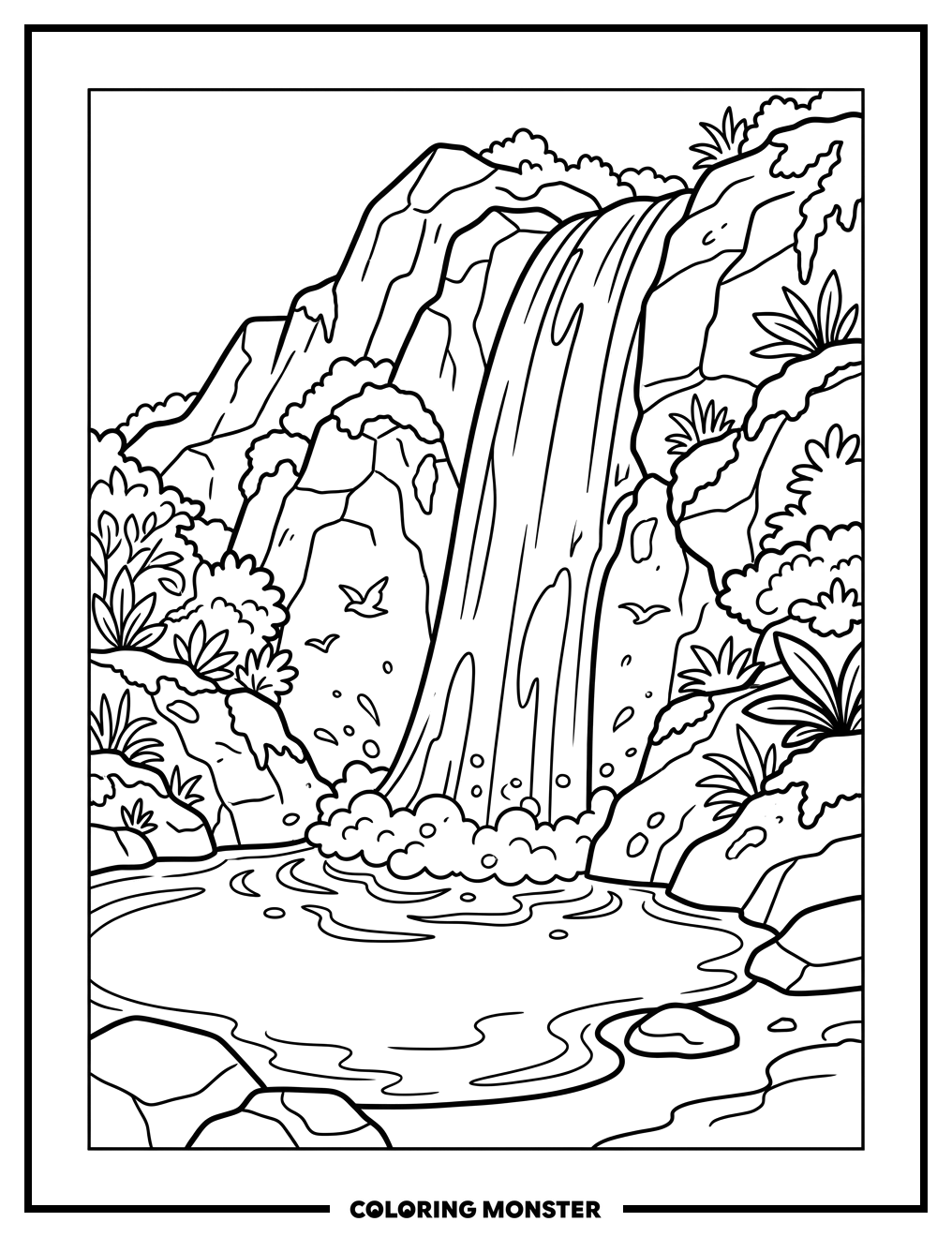 Majestic Waterfall In The Mountains Coloring Page