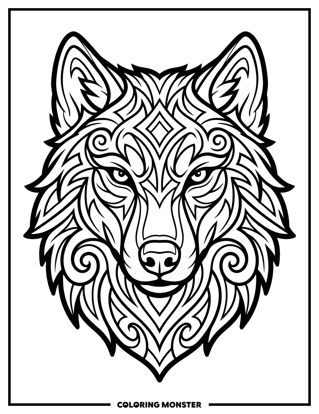 Majestic Wolf Head Tribal Art Coloring Page