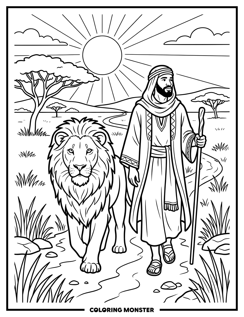 Man and Lion on Savanna Coloring Page